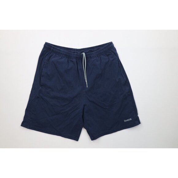 Vintage Reebok Mens Size Medium Faded Spell Out Above Knee Shorts Navy Blue - Picture 1 of 11